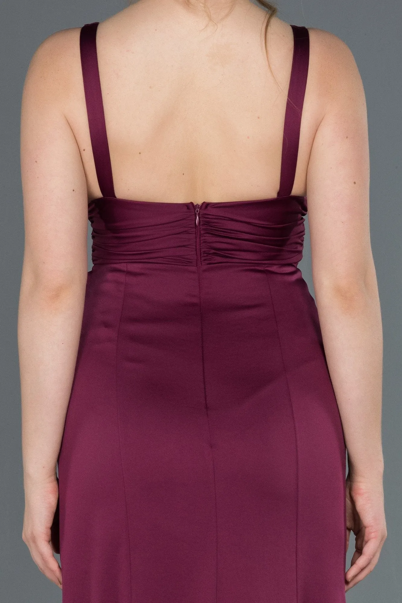 16815 Plum Draped Wrap Skirt Satin Slit Dress