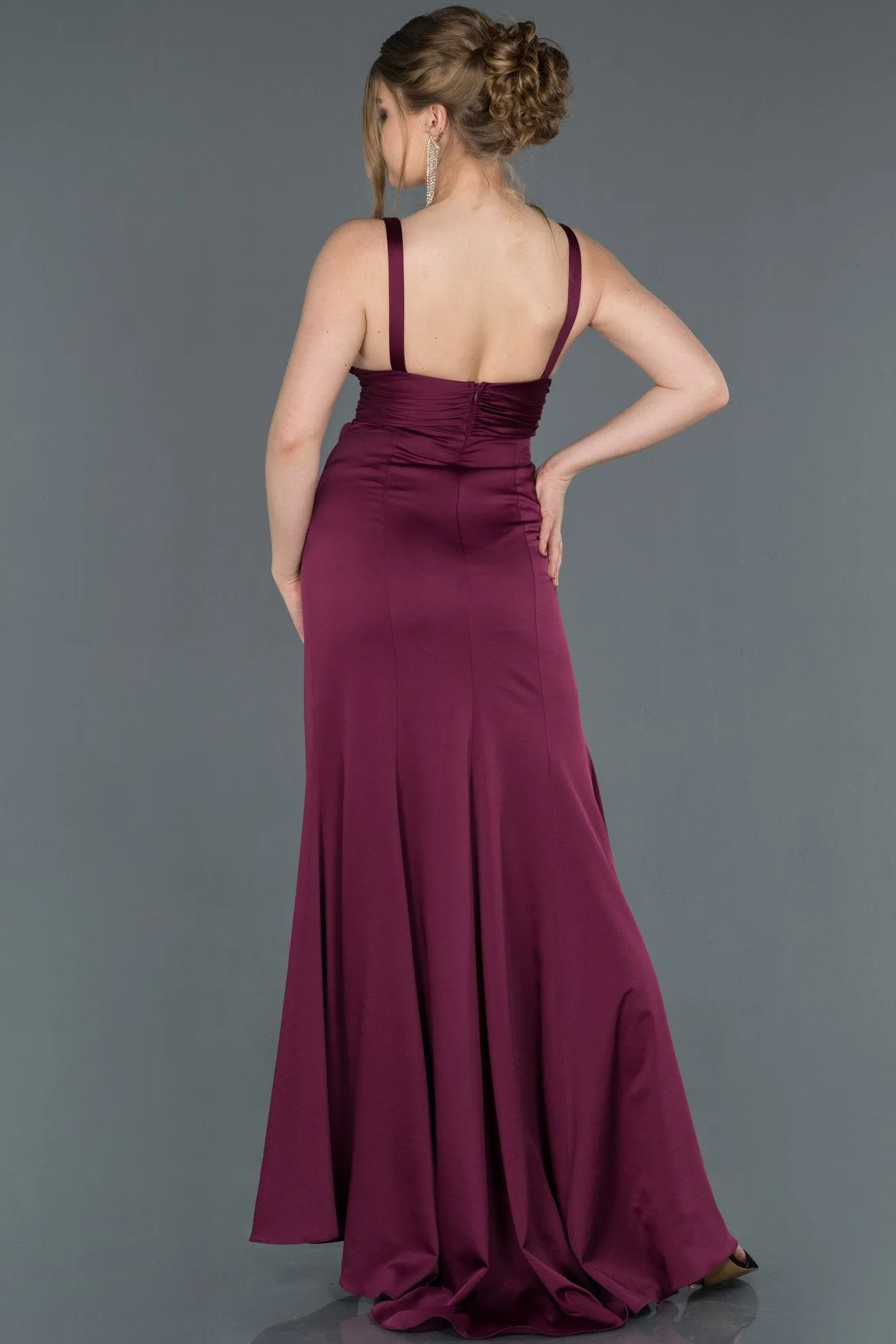 16815 Plum Draped Wrap Skirt Satin Slit Dress