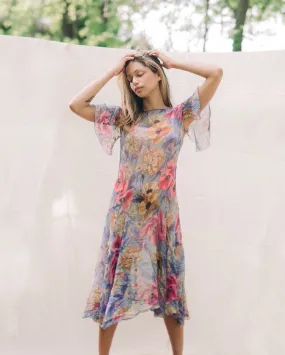 1930s silk chiffon fluttery drop waist floral print dress