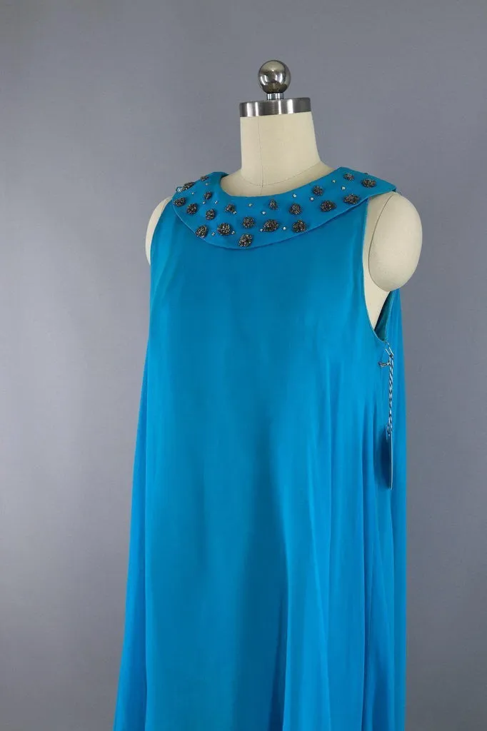 1960s Vintage Chiffon Party Dress / Turquoise Blue