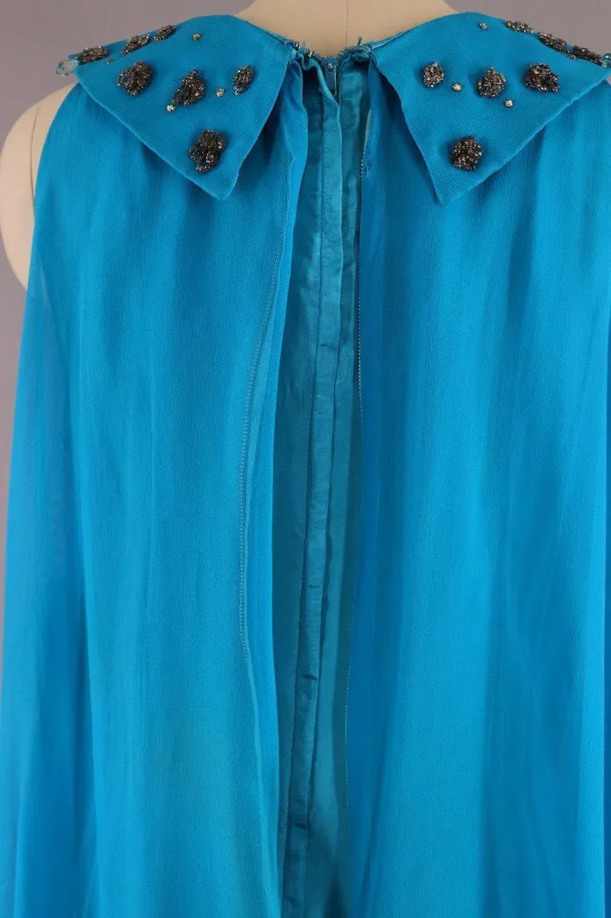 1960s Vintage Chiffon Party Dress / Turquoise Blue