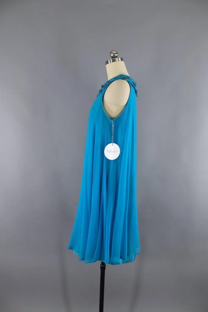 1960s Vintage Chiffon Party Dress / Turquoise Blue