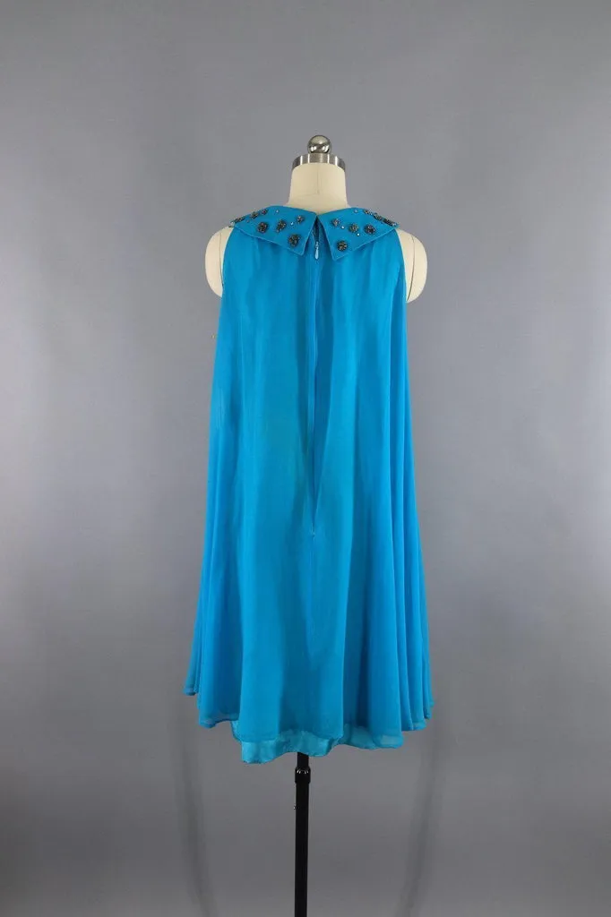 1960s Vintage Chiffon Party Dress / Turquoise Blue