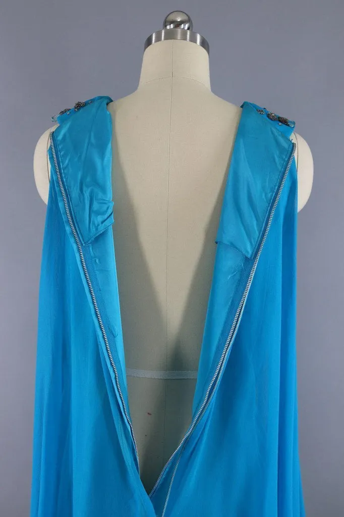 1960s Vintage Chiffon Party Dress / Turquoise Blue