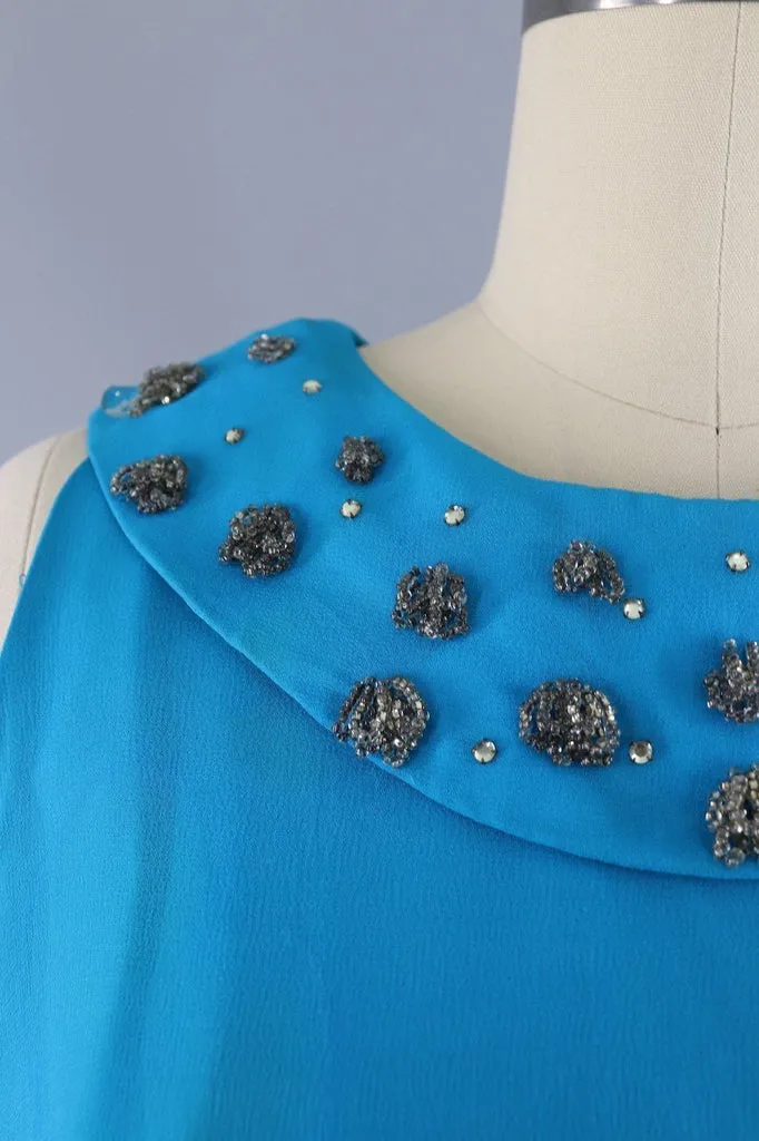 1960s Vintage Chiffon Party Dress / Turquoise Blue