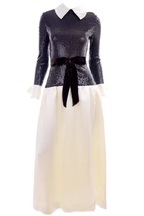 1970s Vintage Kiki Hart Ivory Satin Evening Gown w Brown Sequins