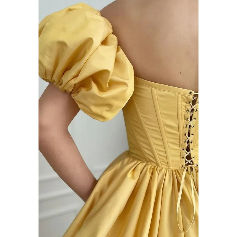 A-Line Off-Shoulder Satin Pleats Short Sleeves Prom Evening Formal Dress