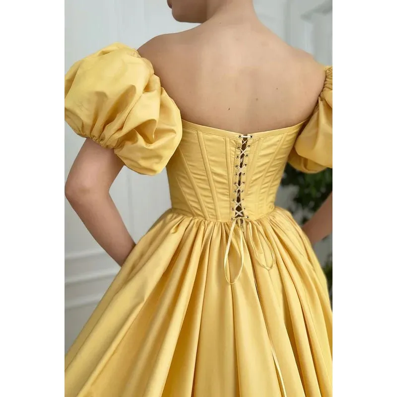A-Line Off-Shoulder Satin Pleats Short Sleeves Prom Evening Formal Dress