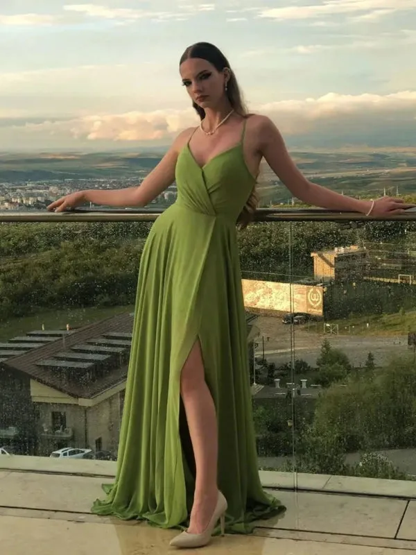 A Line V Neck Green Chiffon Long Prom Dresses with Leg Slit, V Neck Green Formal Graduation Evening Dresses