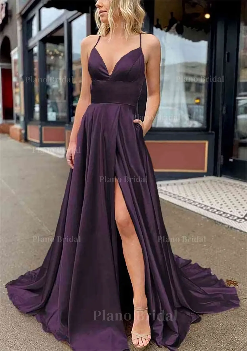 A-line V Neck Sleeveless Charmeuse Sweep Train Prom Dress With Pockets