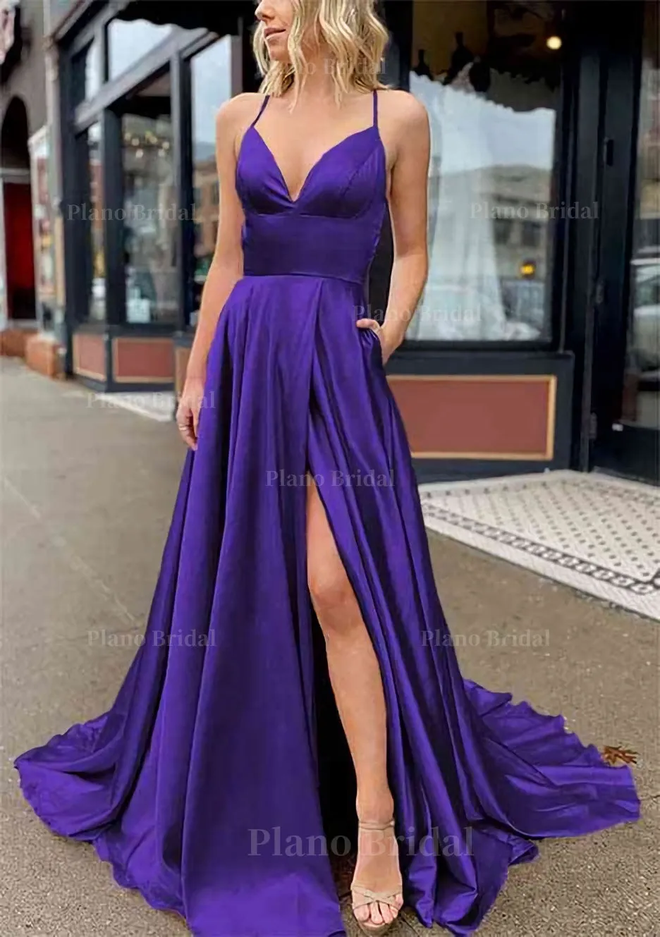 A-line V Neck Sleeveless Charmeuse Sweep Train Prom Dress With Pockets