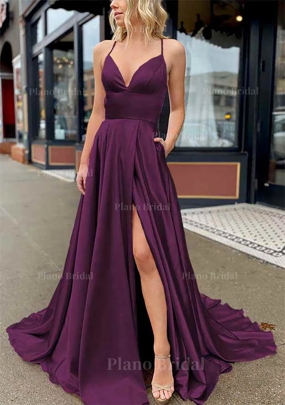 A-line V Neck Sleeveless Charmeuse Sweep Train Prom Dress With Pockets