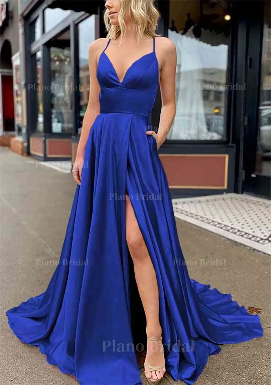 A-line V Neck Sleeveless Charmeuse Sweep Train Prom Dress With Pockets