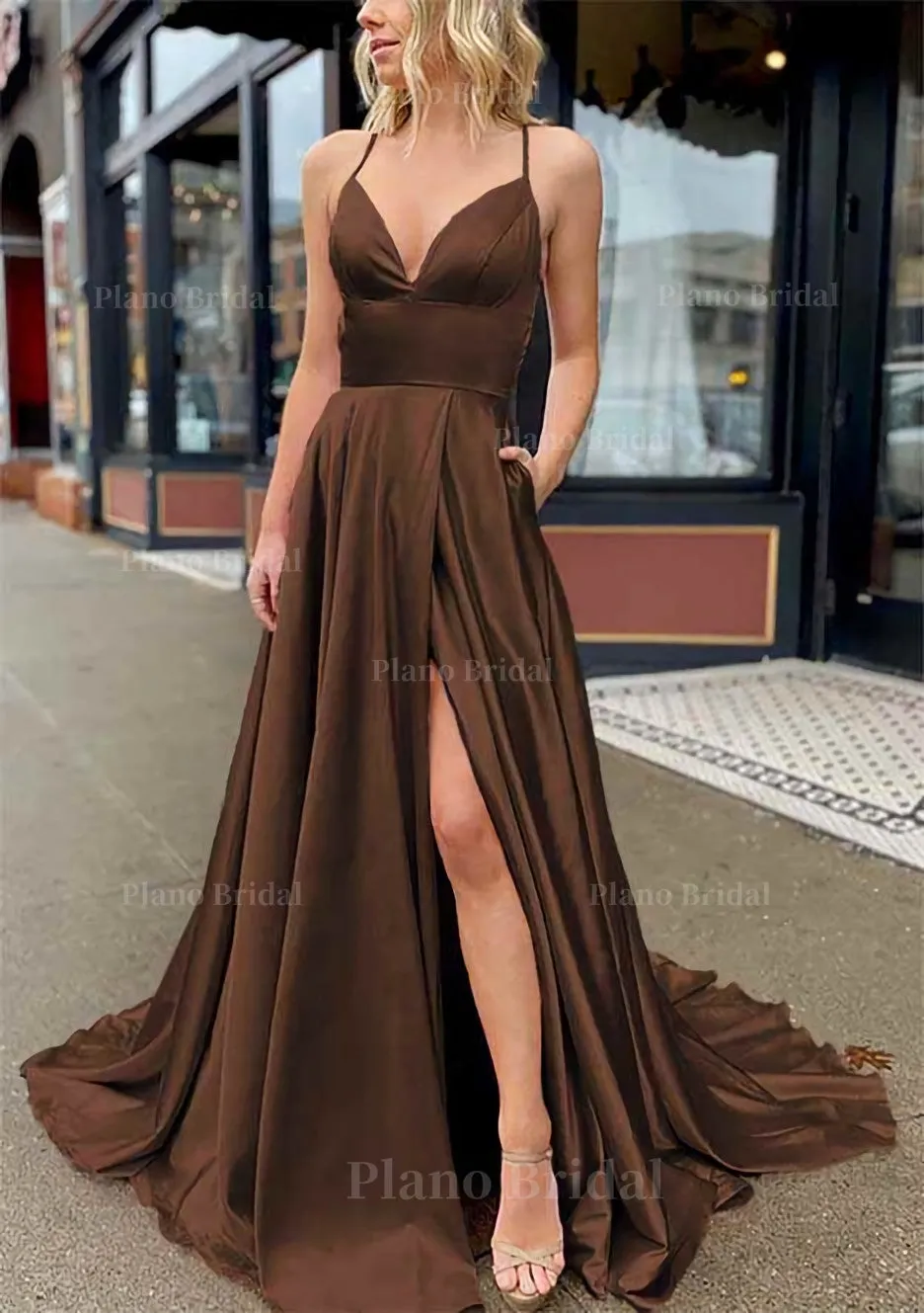 A-line V Neck Sleeveless Charmeuse Sweep Train Prom Dress With Pockets