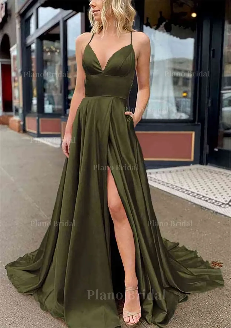 A-line V Neck Sleeveless Charmeuse Sweep Train Prom Dress With Pockets