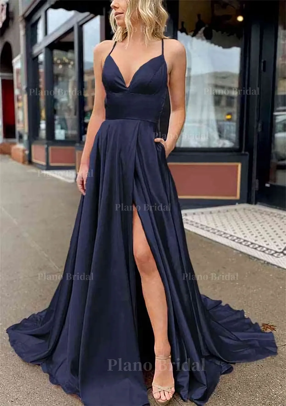 A-line V Neck Sleeveless Charmeuse Sweep Train Prom Dress With Pockets