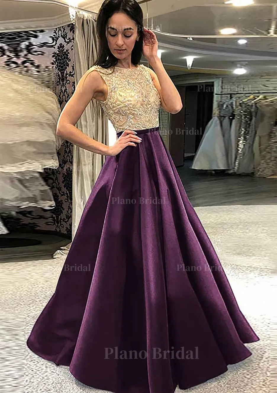 A-line/Princess Scoop Neck Sleeveless Long/Floor-Length Satin Prom Dress With Beading