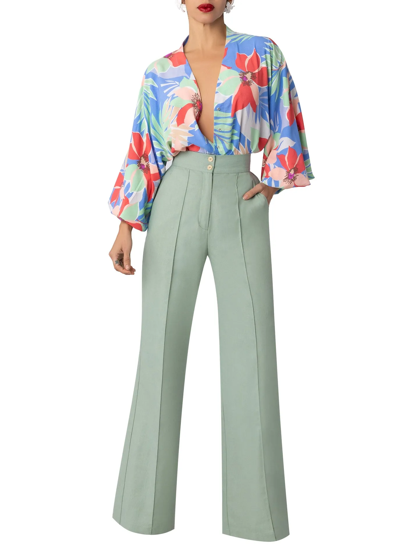 “Anise” Sage Pintucked Pants