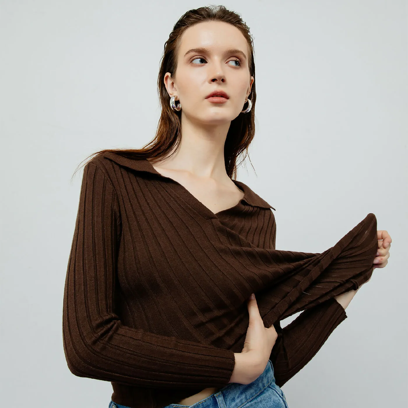 ATSTHELABEL VESPER BROWN RIBBED KNIT TOP
