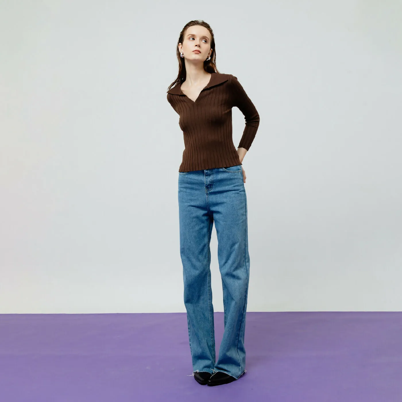 ATSTHELABEL VESPER BROWN RIBBED KNIT TOP