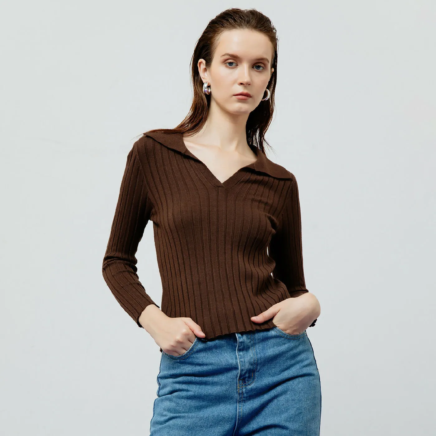 ATSTHELABEL VESPER BROWN RIBBED KNIT TOP
