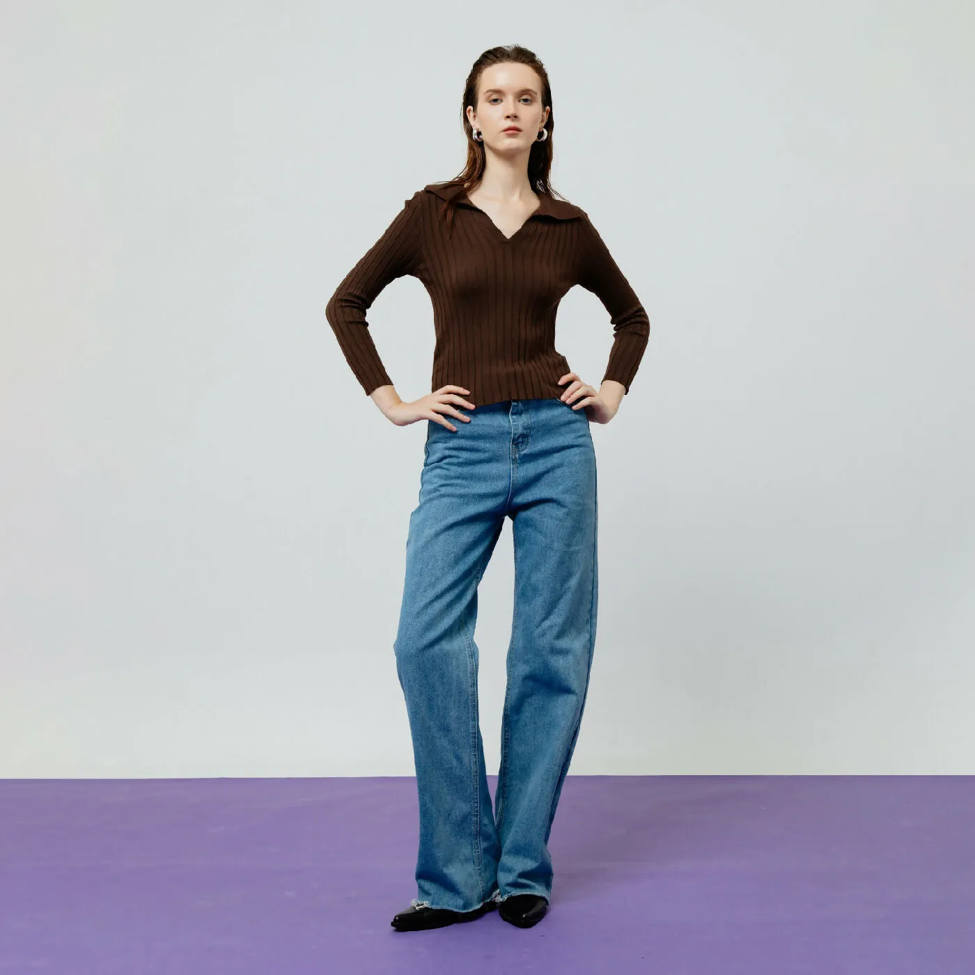 ATSTHELABEL VESPER BROWN RIBBED KNIT TOP