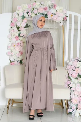 Aurora Beaded Tie Abaya Set- Dark Lavendar