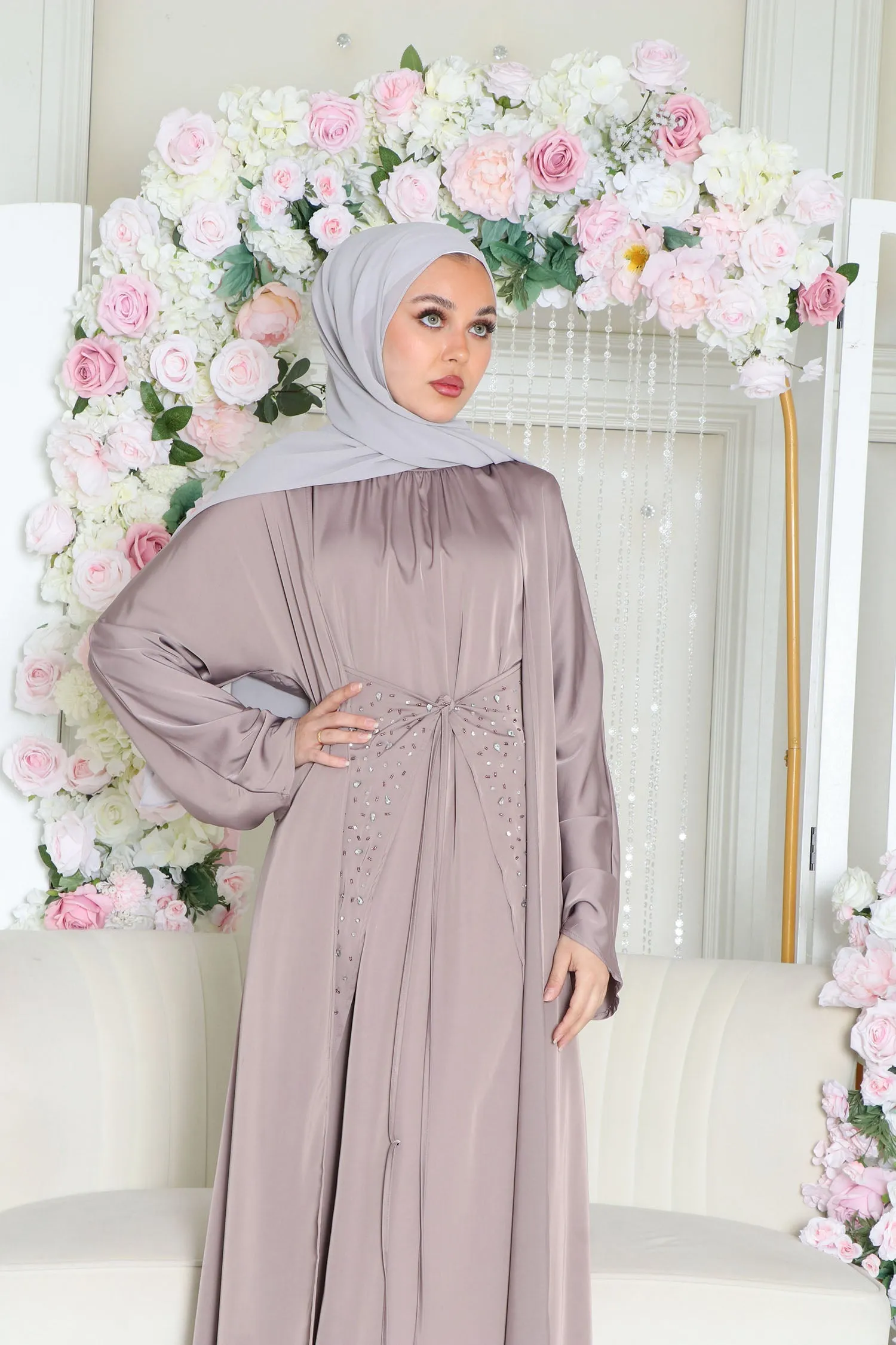 Aurora Beaded Tie Abaya Set- Dark Lavendar