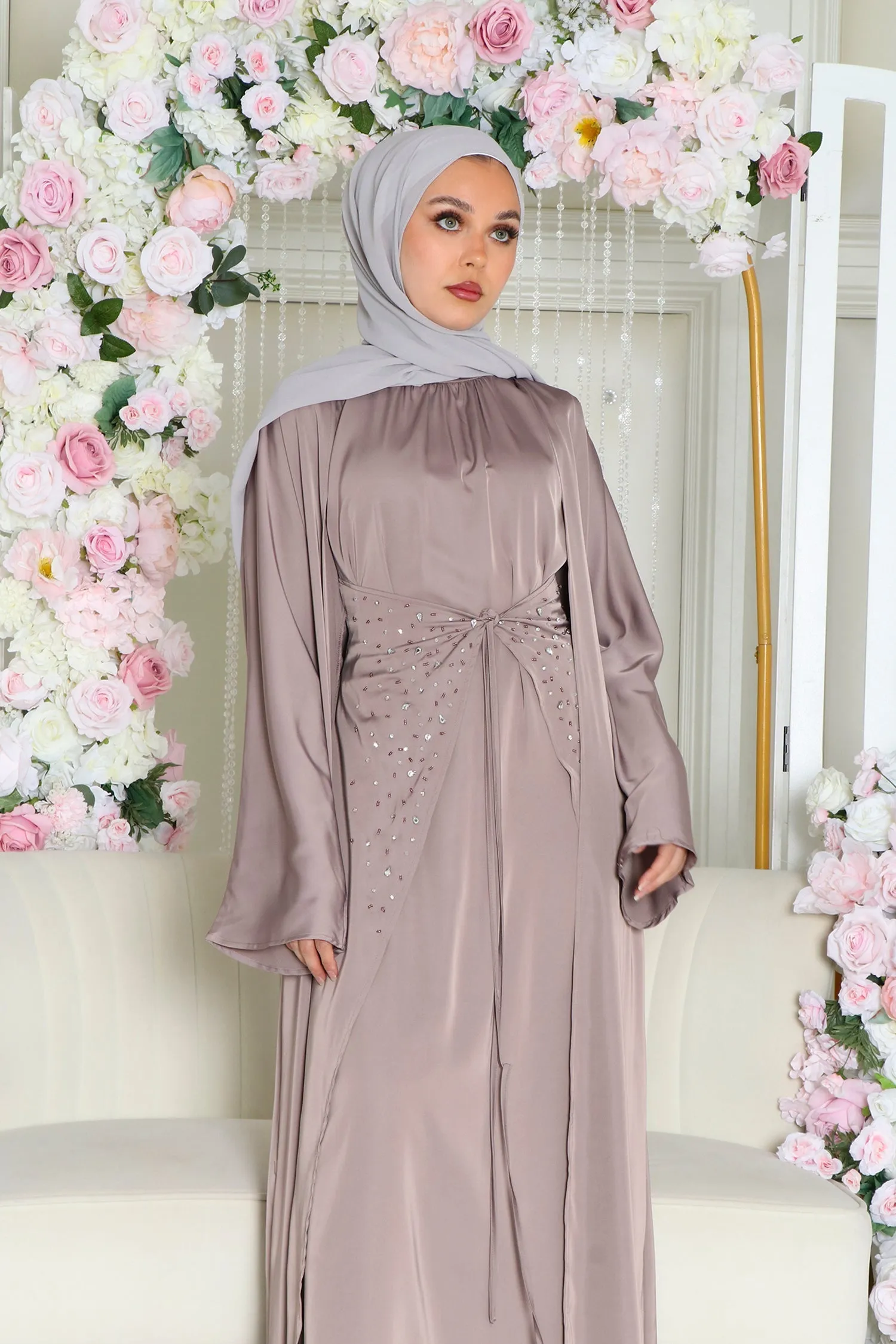 Aurora Beaded Tie Abaya Set- Dark Lavendar