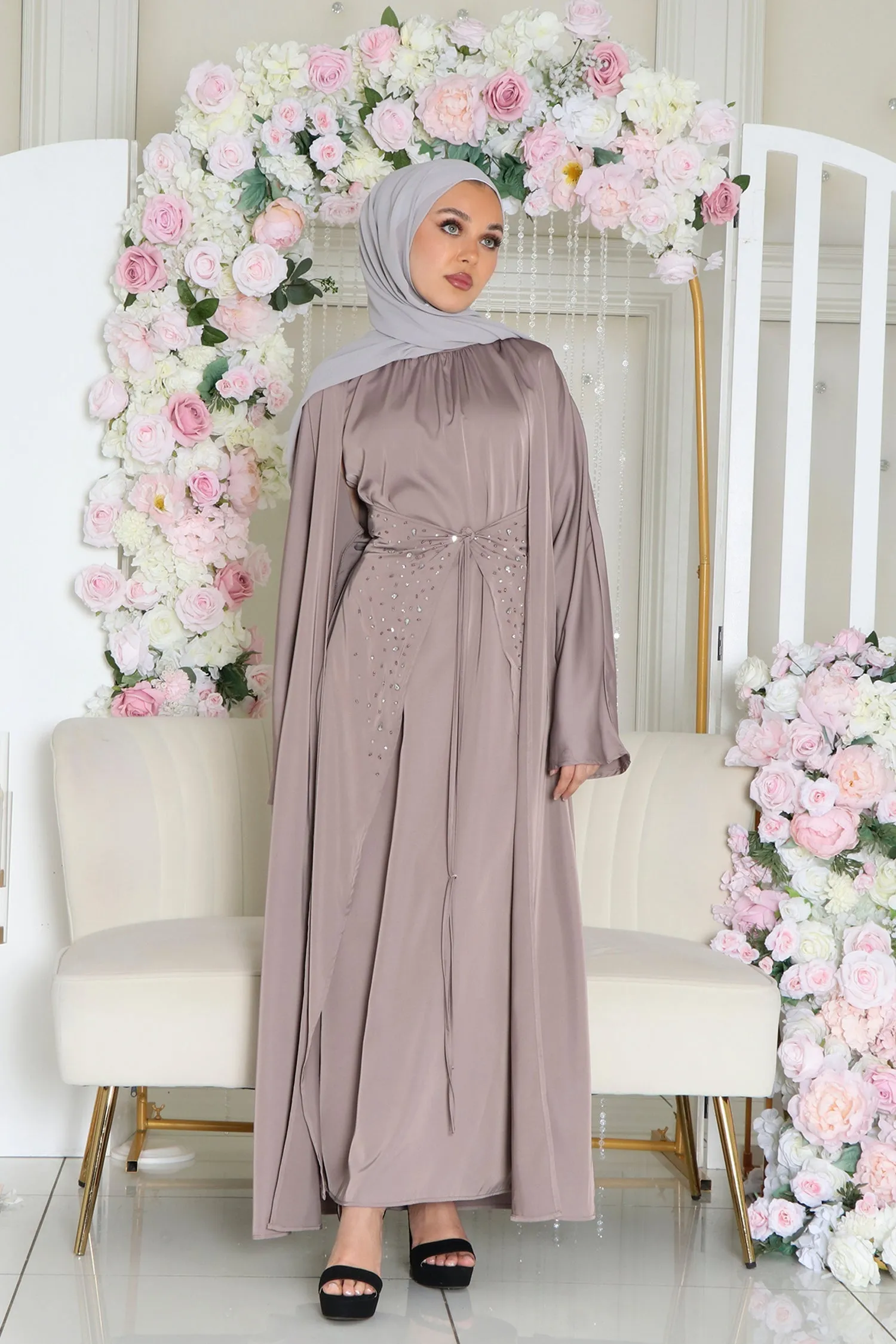 Aurora Beaded Tie Abaya Set- Dark Lavendar