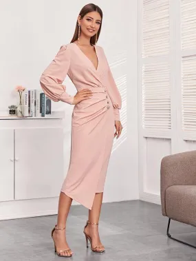 Balloon Sleeve Button Detail Asymmetrical Wrap Dress