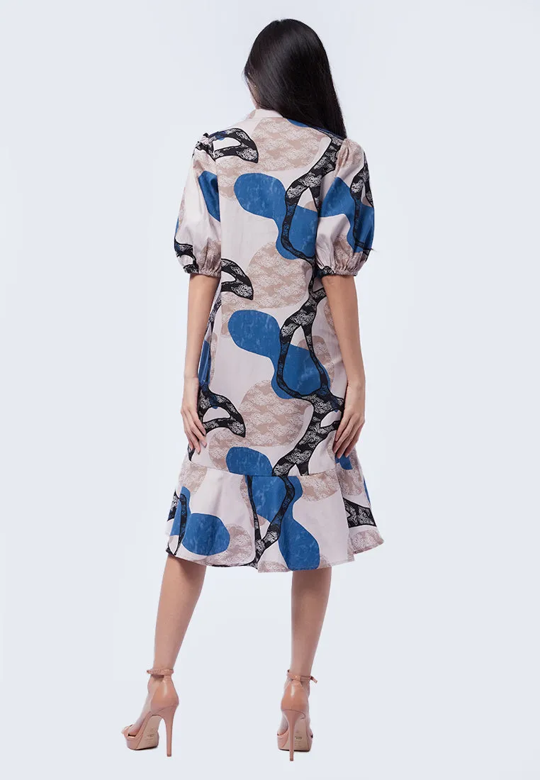 Batik Midi Dress with Balloon Sleeve