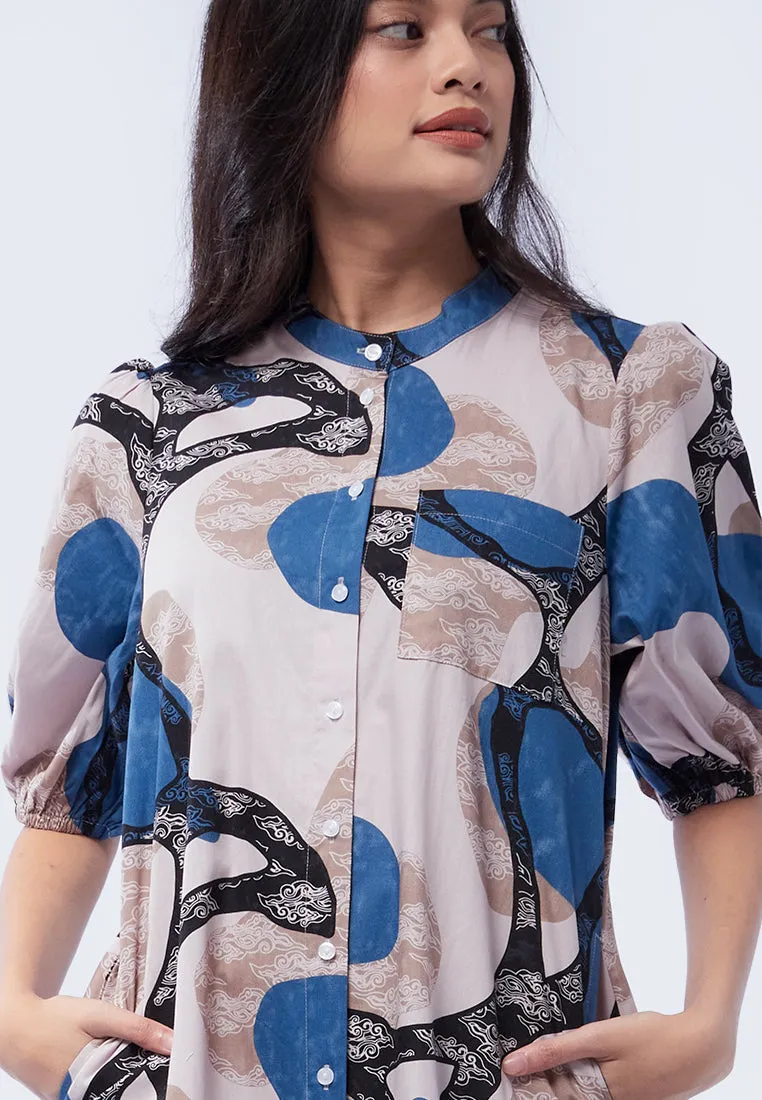 Batik Midi Dress with Balloon Sleeve
