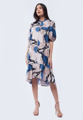 Batik Midi Dress with Balloon Sleeve