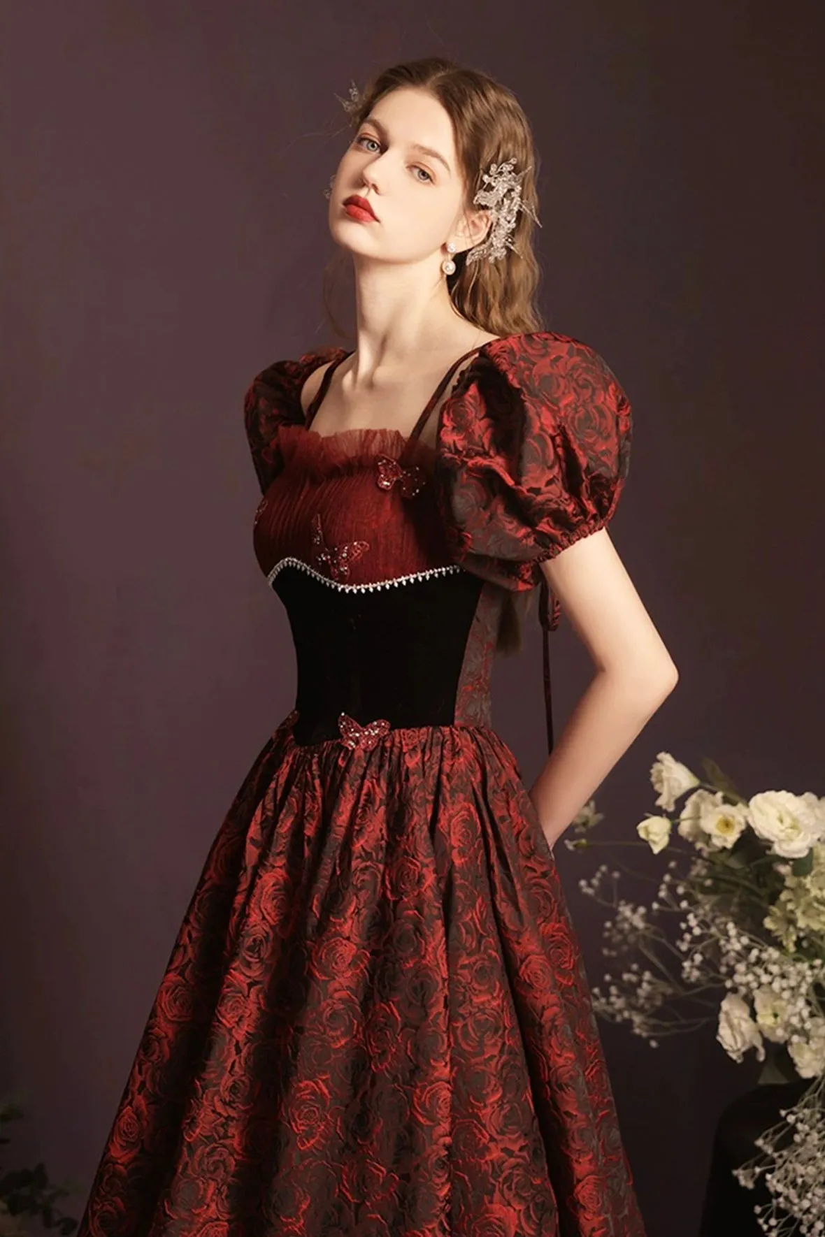 Beautiful Rose Print Long Prom Dress, A-Line Off the Shoulder Evening Party Dress