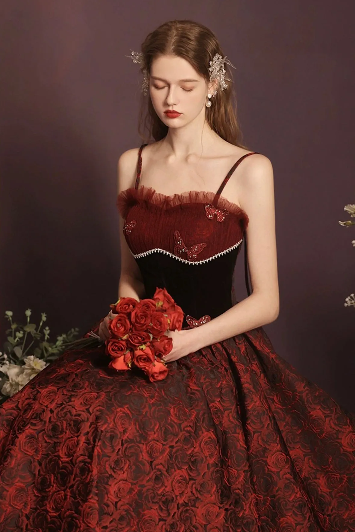 Beautiful Rose Print Long Prom Dress, A-Line Off the Shoulder Evening Party Dress