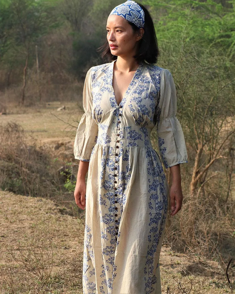 Beige Blue Blockprinted Bel Cotton Dress