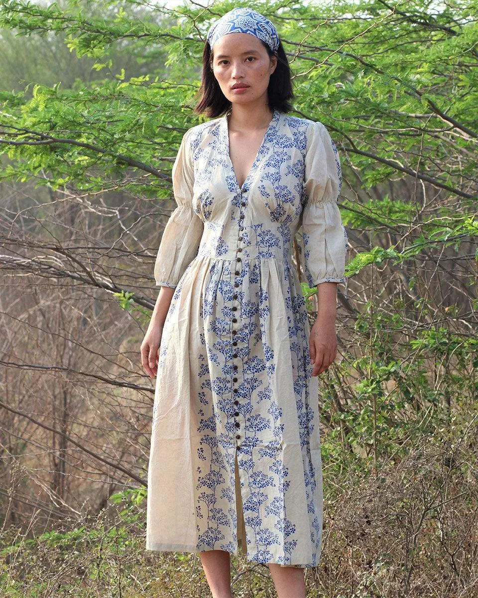 Beige Blue Blockprinted Bel Cotton Dress