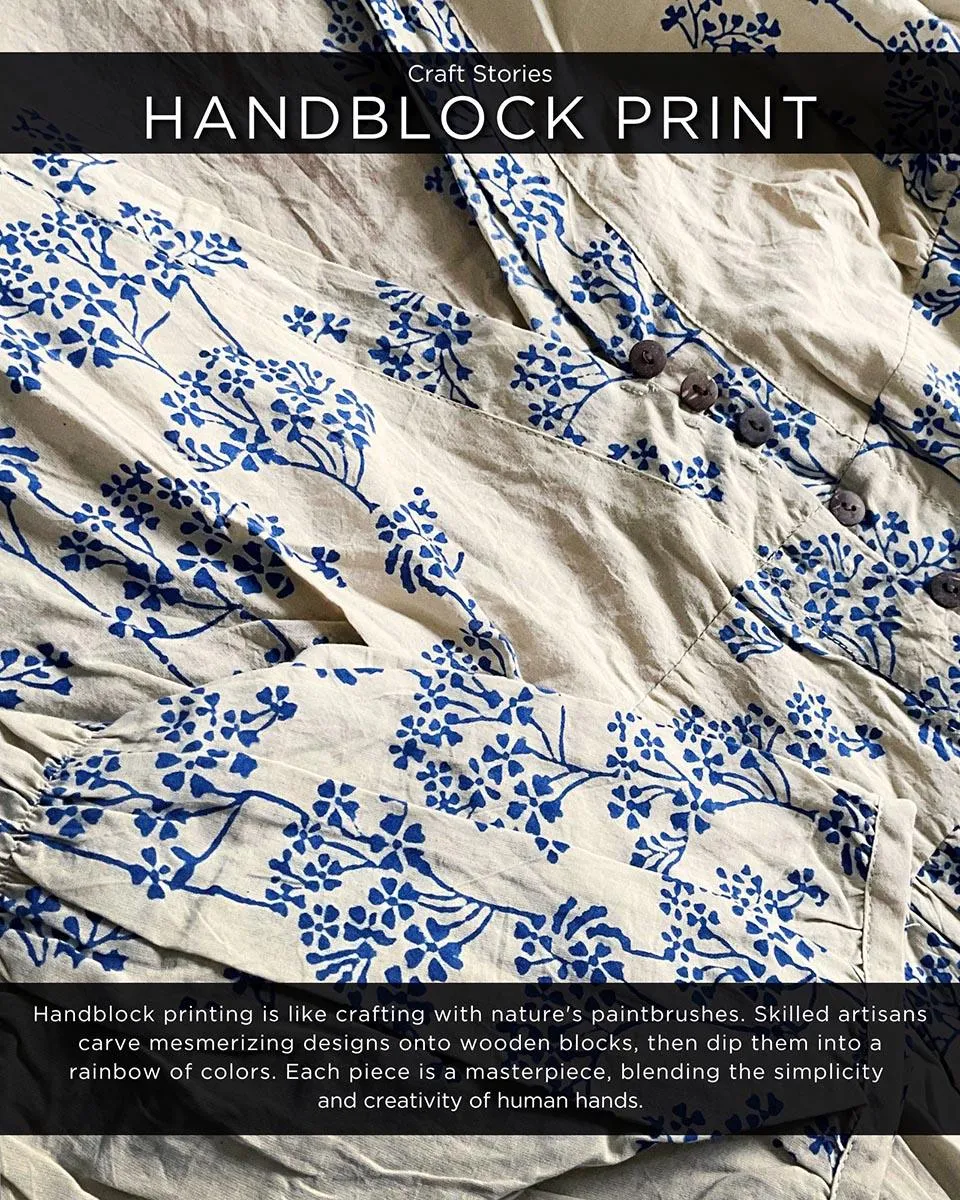 Beige Blue Blockprinted Bel Cotton Dress