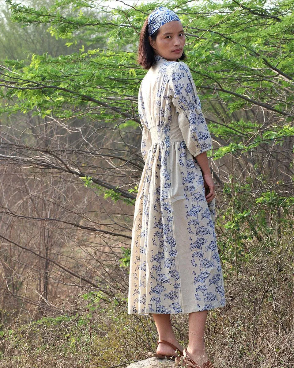Beige Blue Blockprinted Bel Cotton Dress