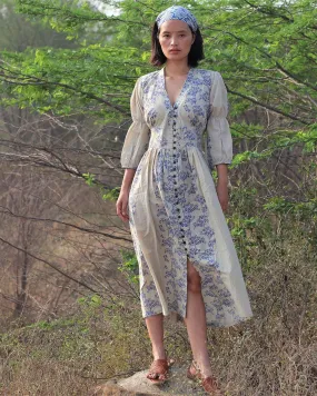 Beige Blue Blockprinted Bel Cotton Dress