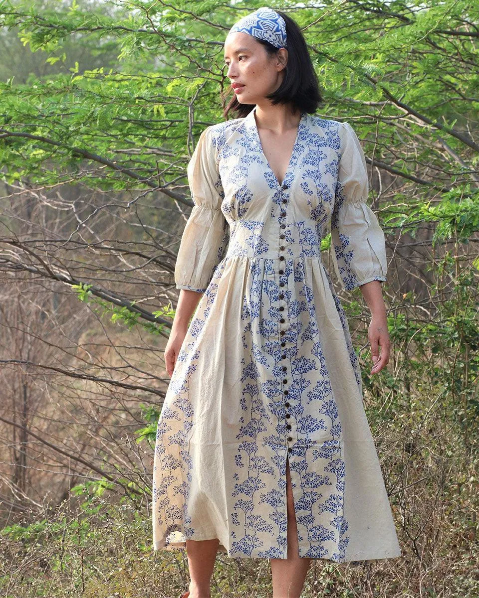 Beige Blue Blockprinted Bel Cotton Dress