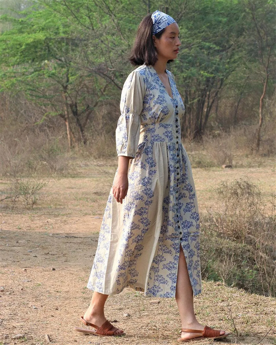 Beige Blue Blockprinted Bel Cotton Dress