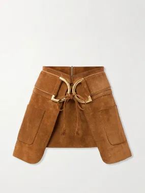 Belted layered suede mini skirt