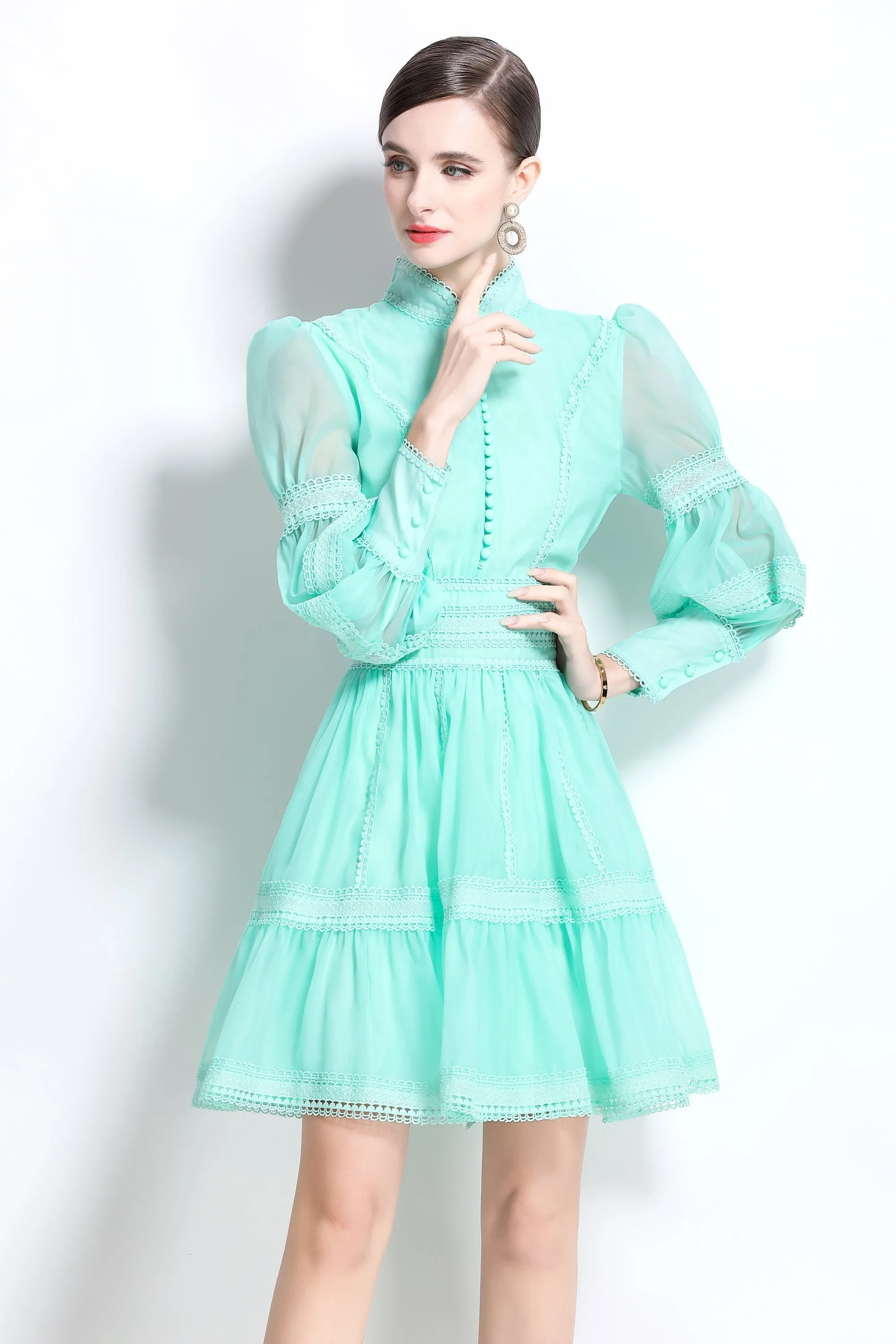 BK-Organza Lace Puff Sleeve Mini Dress