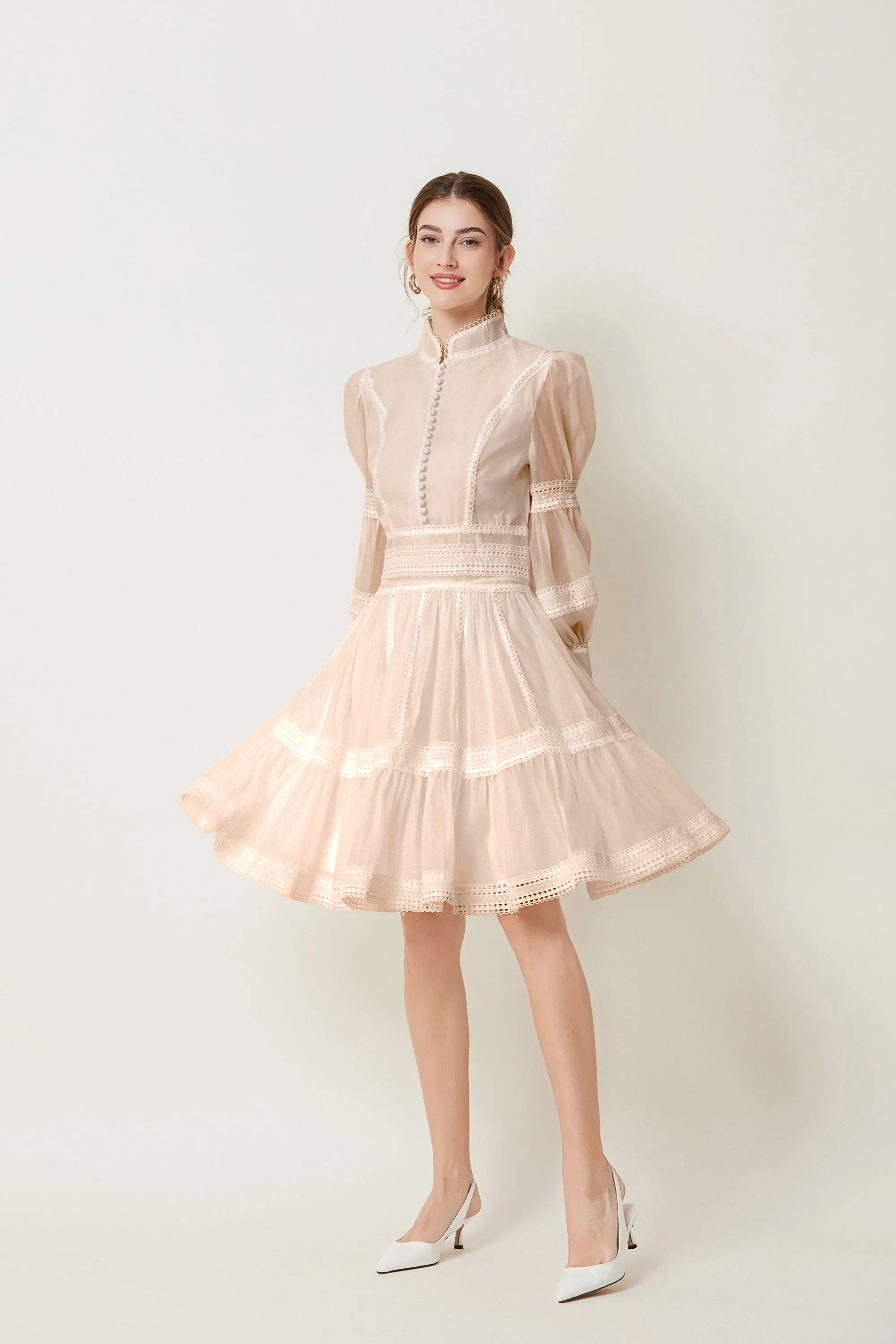 BK-Organza Lace Puff Sleeve Mini Dress