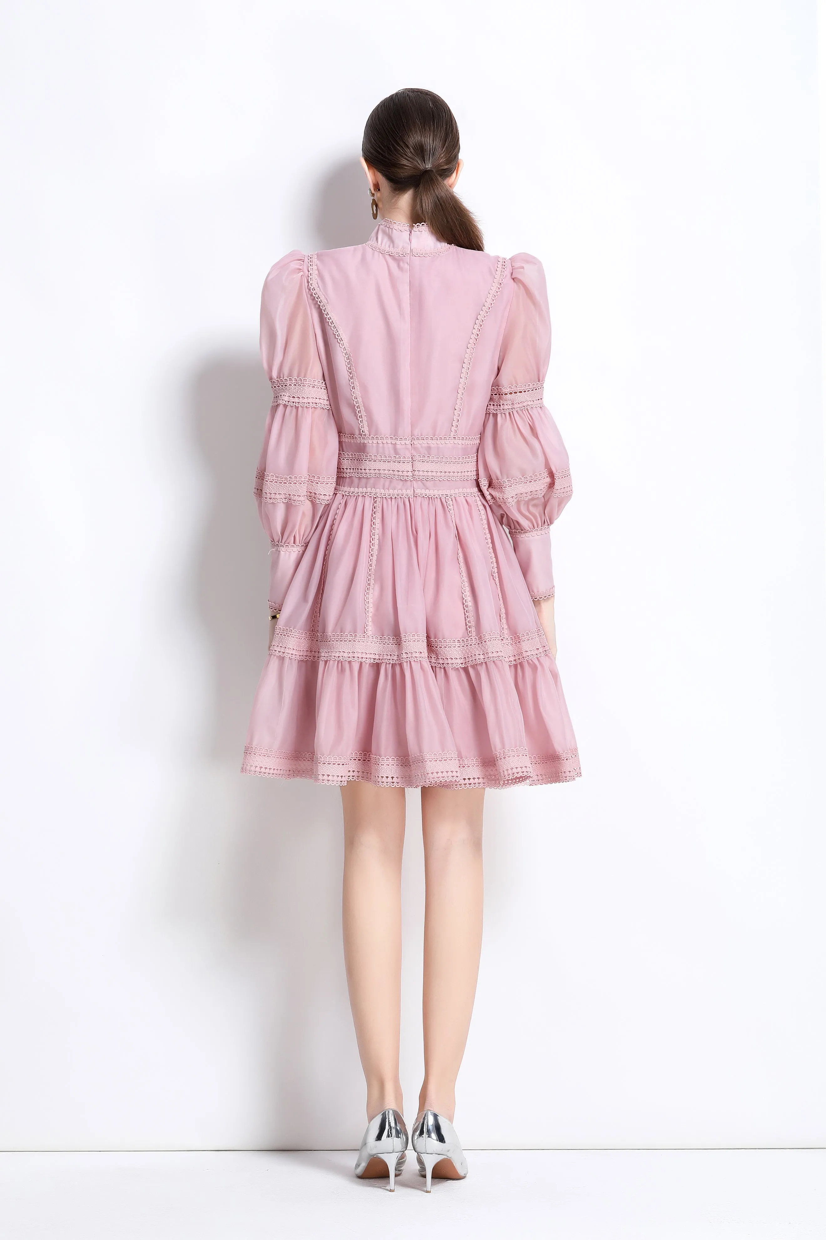 BK-Organza Lace Puff Sleeve Mini Dress