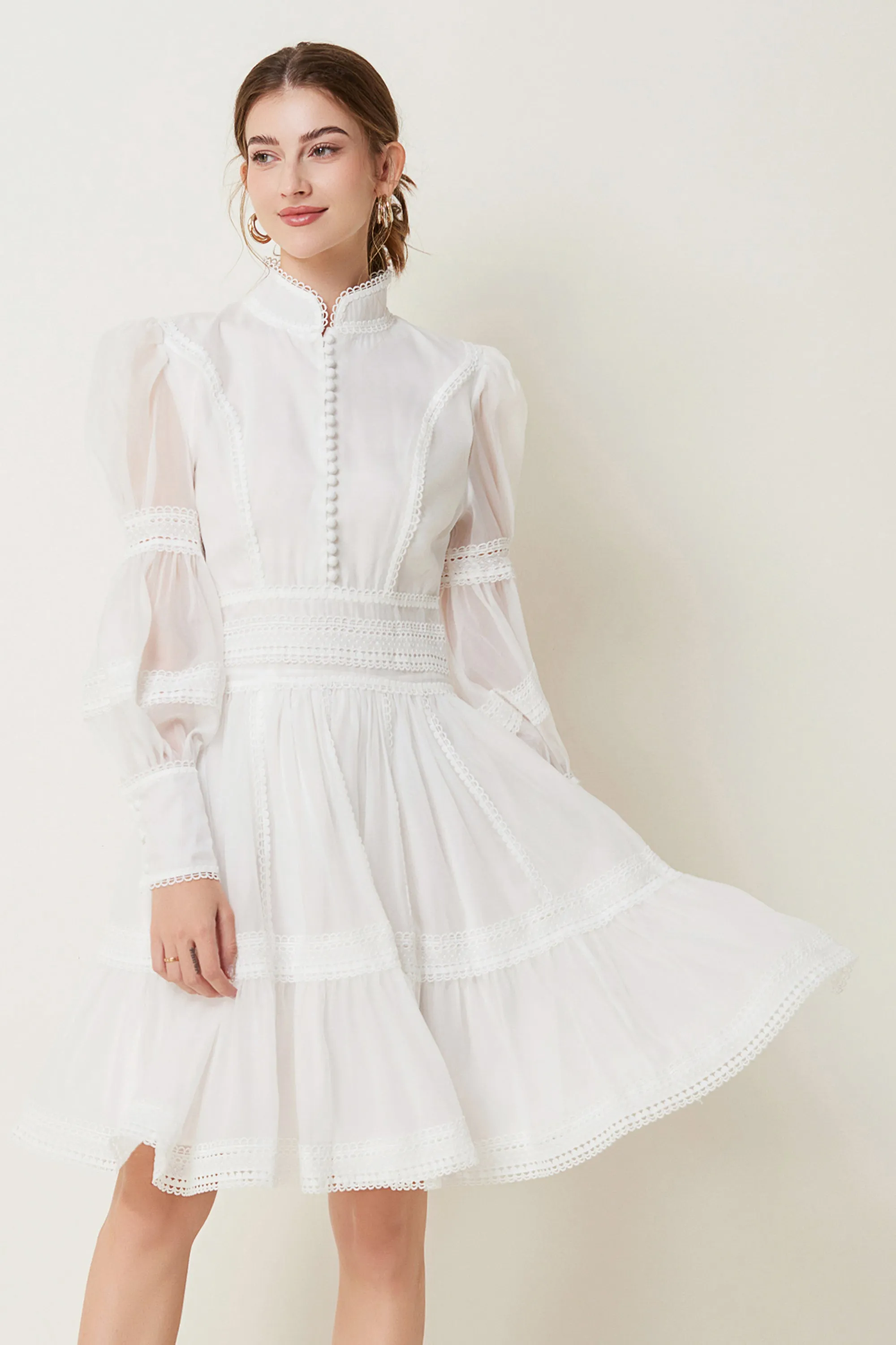 BK-Organza Lace Puff Sleeve Mini Dress