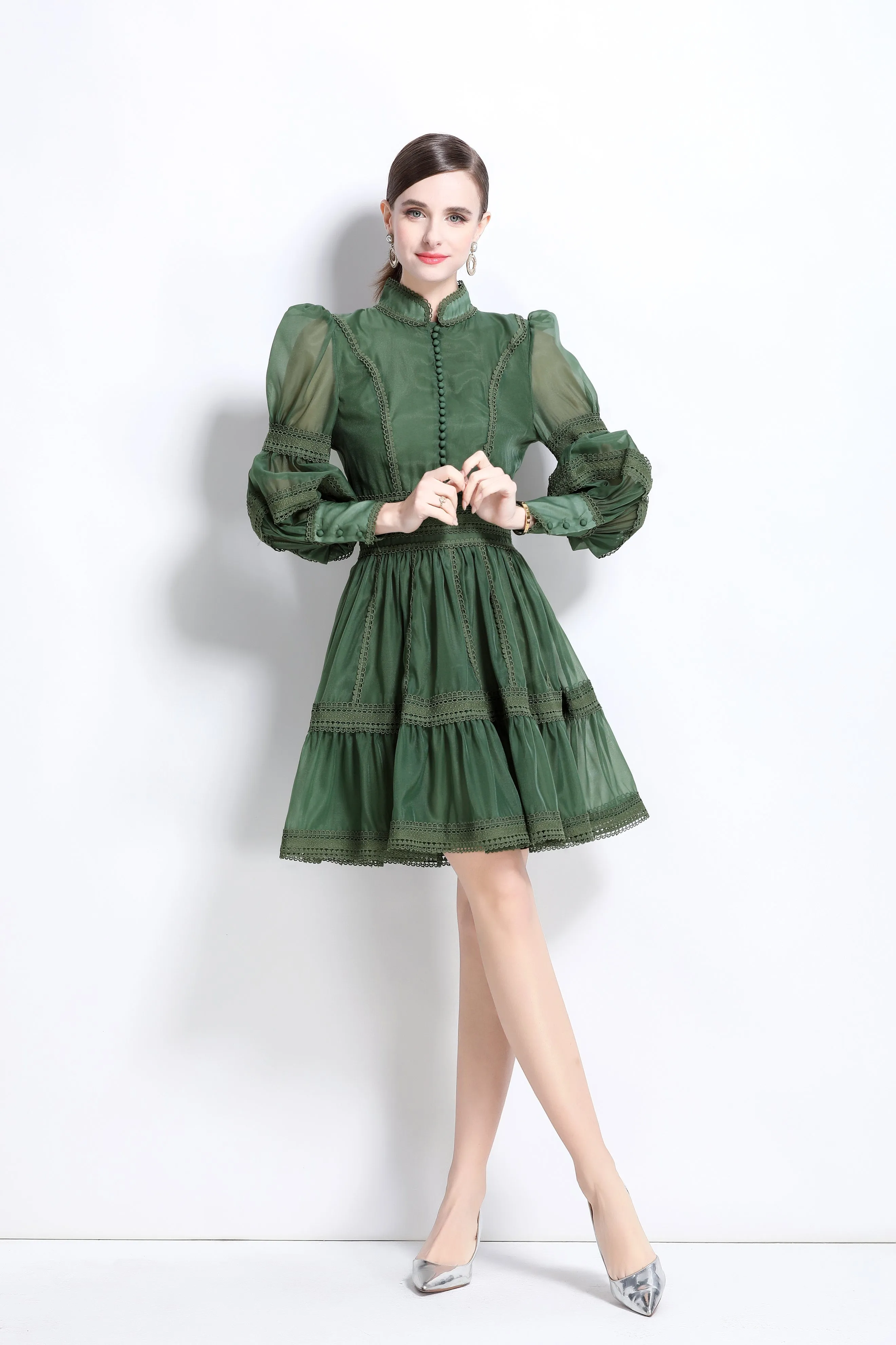 BK-Organza Lace Puff Sleeve Mini Dress