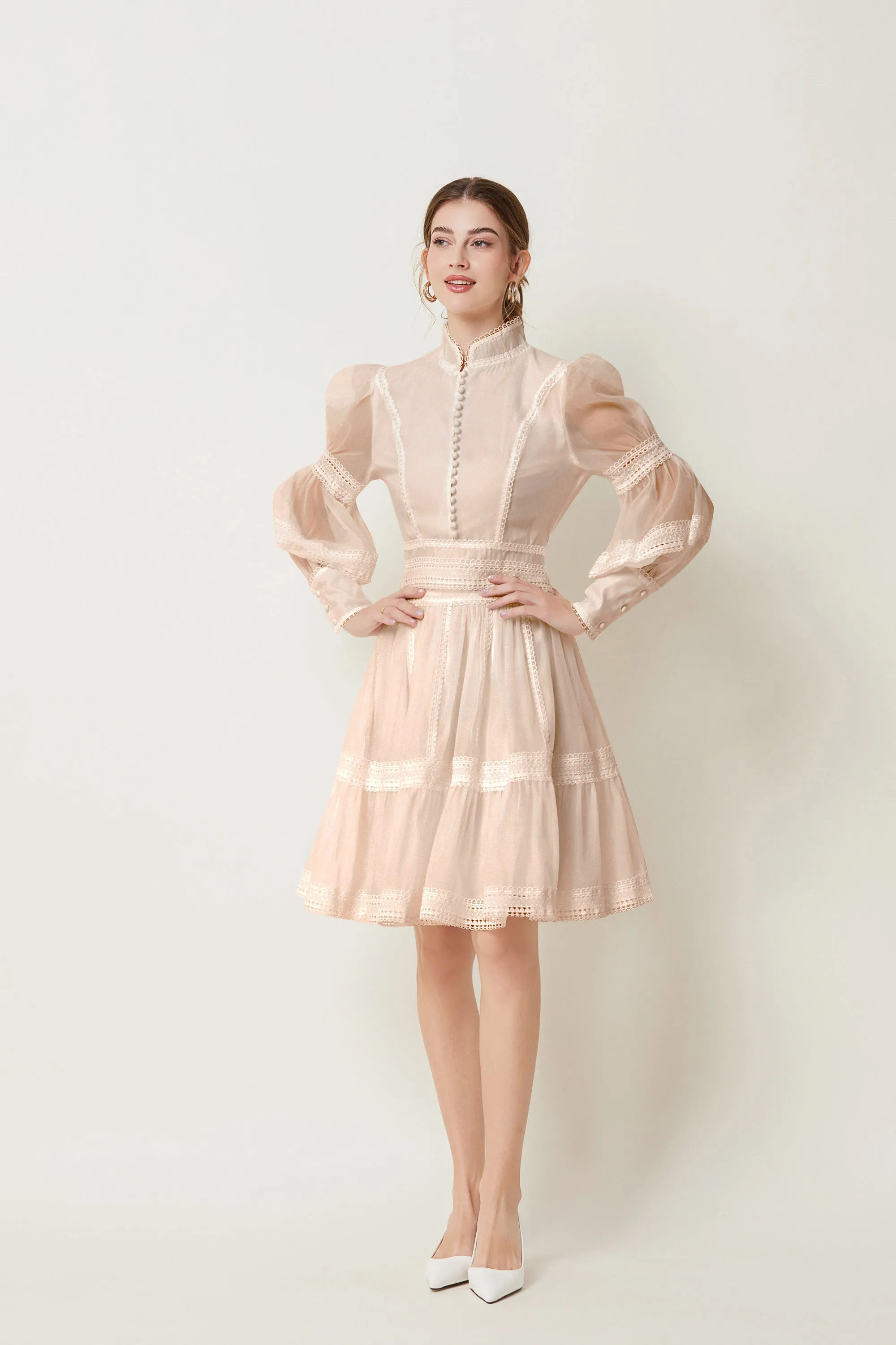 BK-Organza Lace Puff Sleeve Mini Dress